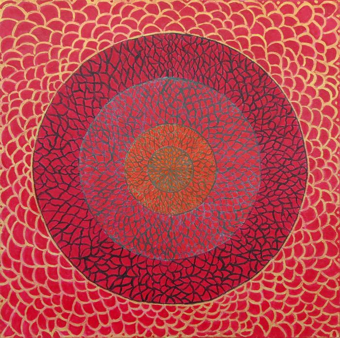 Orange to Red to Gold Mandala, painted by Henry Sultan. Click to enlarge.