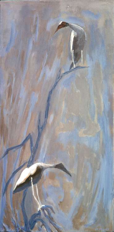 Vertical painting titled 'Ibis in Gray' showing two birds, by Marcia Pagels