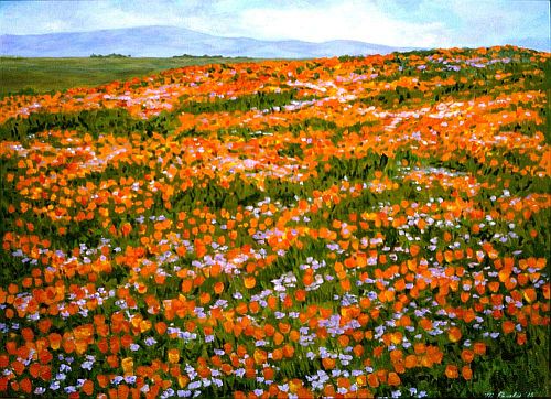 Painting by Marcia Pagels of wild poppies in Antelope Valley, CA, spring 1988.