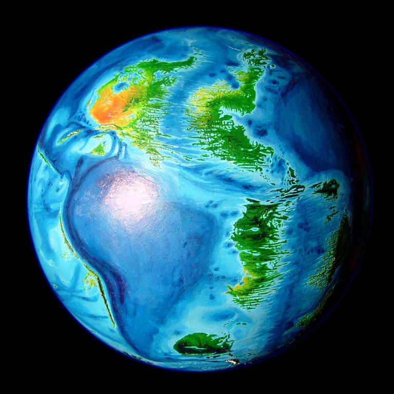 High orbital photo of the Atlantic Hemisphere of Abyssia, an alternate Earth whose relief has been inverted: heights are depths and vice versa. Click to enlarge.