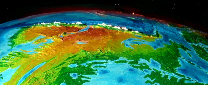 Low orbital photo of the Tonga Range in western Agassiz, on Abyssia, an alternate Earth whose relief has been inverted: heights are depths and vice versa.