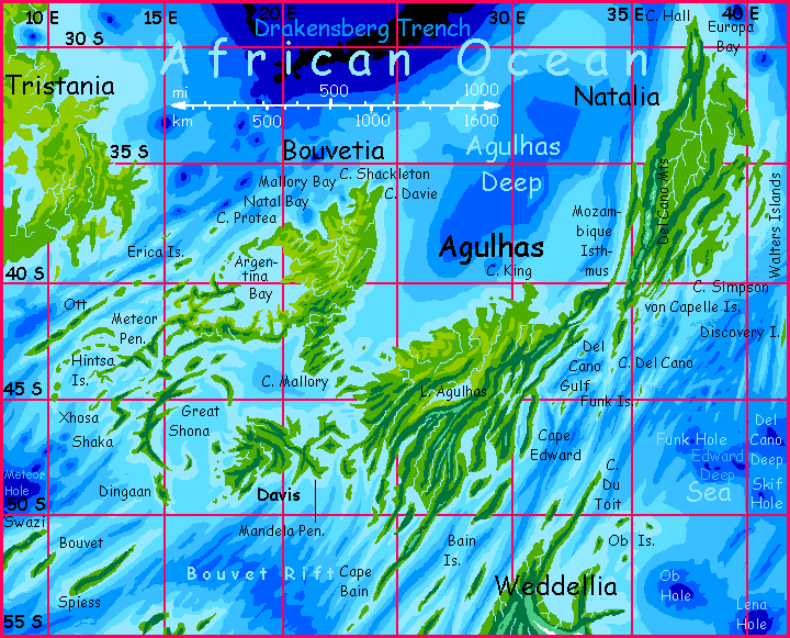 Map of Agulhas, Natalia and Bouvetia, large islands south of the African Ocean, on Abyssia, an alternate Earth whose relief has been inverted: heights are depths and vice versa.