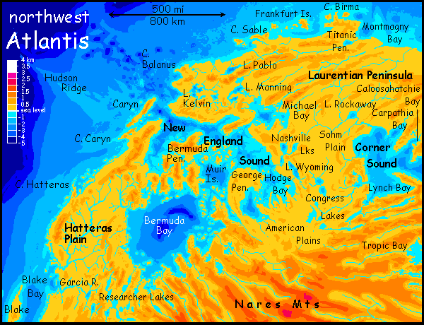 Topo map by Chris Wayan of central Atlantis, a continent on Abyssia, an Earth where up is down and down is up.