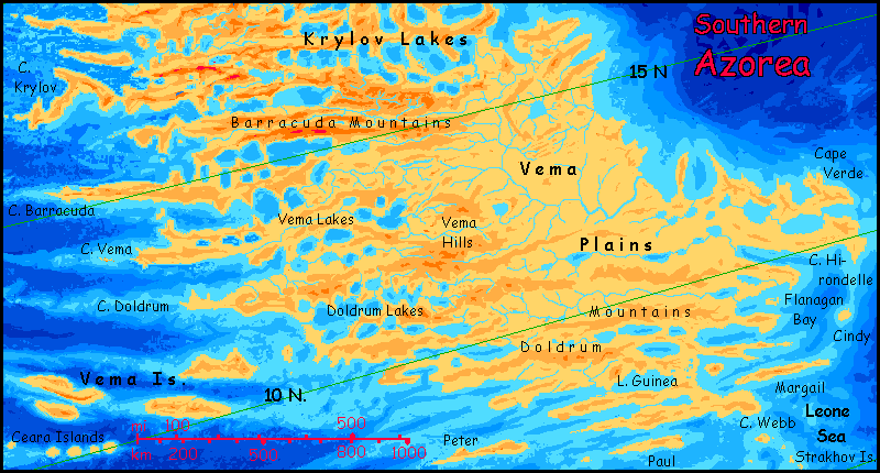 Altitude map by Chris Wayan of southern Azorea, a small continent shaped like an inverted question mark, on Abyssia, an Earth where up is down and down is up.