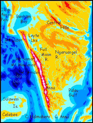 Map of Filipinia, on Abyssia, an alternate Earth whose relief has been inverted: heights are depths and vice versa.