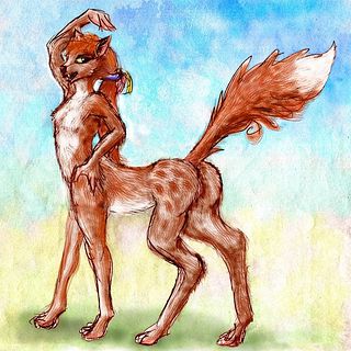 A green-eyed red foxtaur carrying saddlebags; native of Abyssia, an alternate Earth where up is down and down is up. Sketch by Wayan; click to enlarge.