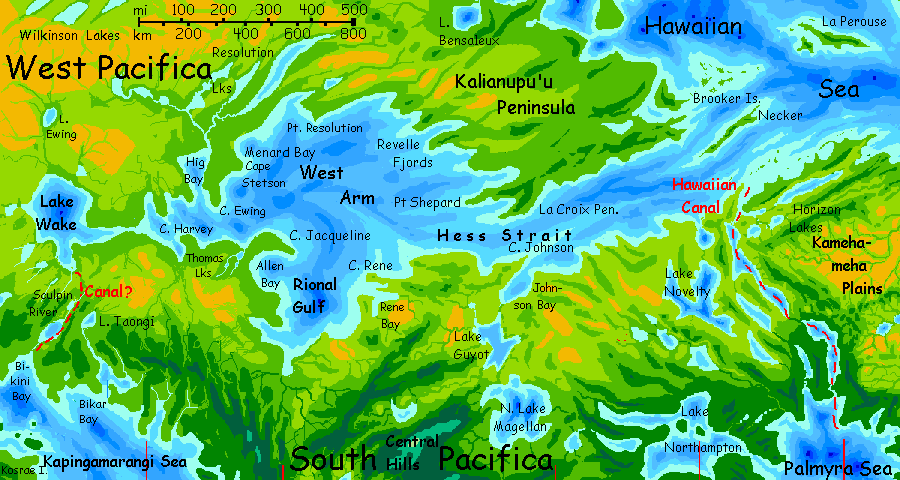 Map of western Hawaiian Sea on Abyssia, an alternate Earth whose relief has been inverted: heights are depths and vice versa.