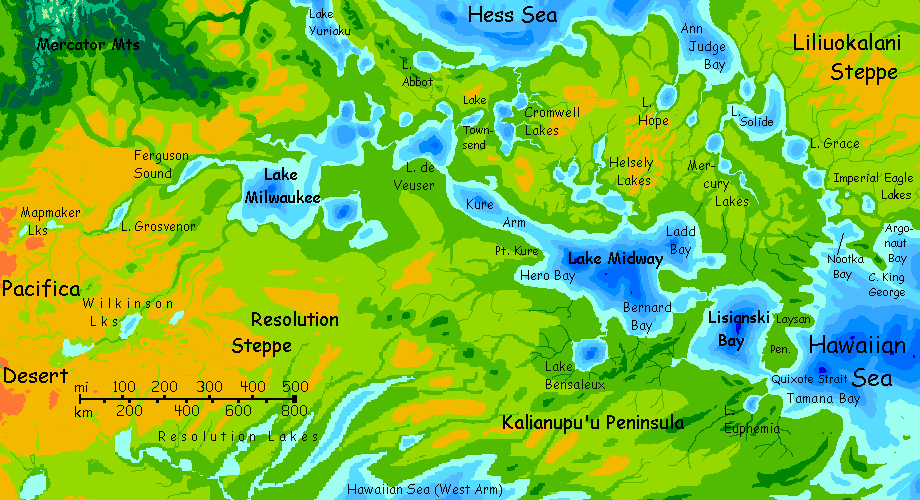 Map of northwestern Hawaiian Sea on Abyssia, an alternate Earth whose relief has been inverted: heights are depths and vice versa.