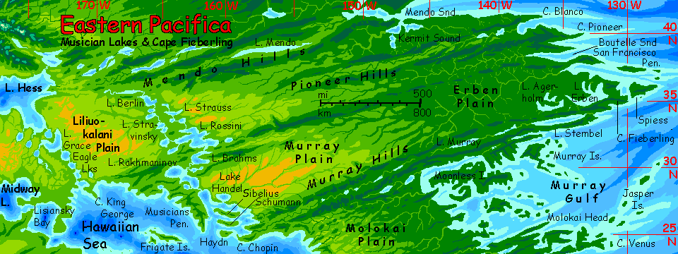 Map central-eastern Pacifica and the Hawaiian Sea on Abyssia, an alternate Earth whose relief has been inverted: heights are depths and vice versa.