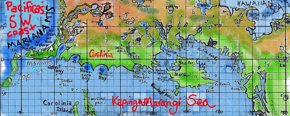 Sketchmap of the the southwest coast of Pacifica, on Abyssia, an alternate Earth whose relief has been inverted: heights are depths and vice versa.