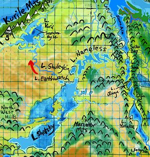 Lake Shatsky (draining to NW) in Pacifica, on Abyssia. Click to enlarge.