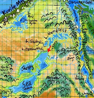 Map of brackish Shatsky Sea, 300m below main sea level, on Abyssia. Click to enlarge.