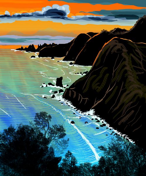 Sunset on rugged Cape Koonalda, southern Whartonia, on Abyssia. Digital sketch by Wayan based on 'Muir Beach', a print by Tom Killion. Click to enlarge.