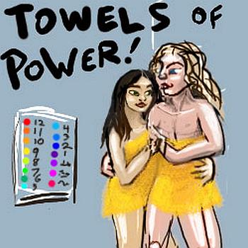 Couple in an elevator clad only in bright yellow Towels of Power. Dream sketch by Wayan.