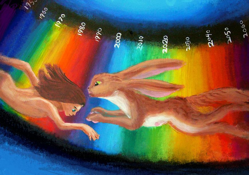 Oval sketch for a dream-painting by Wayan: a time-traveling bunny fuses with a human.