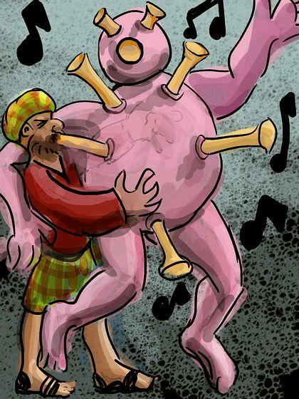 Bagpiper playing an inflated fat man. Dreamt by Michel Leiris 1925, sketched by Wayan 20205. Click to enlarge.