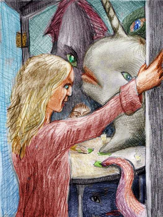 I peer in a doorway at a card game played by whales & giant squid. Dream sketch by Wayan. Click to enlarge.