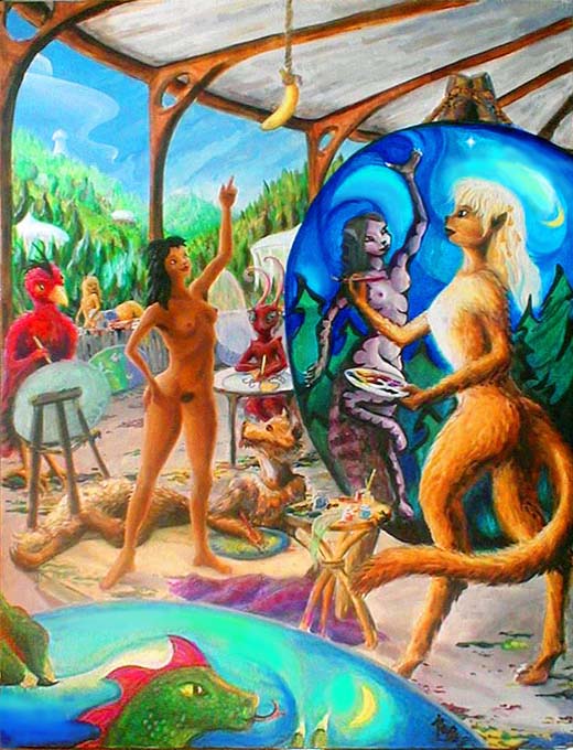 a life-drawing class; the model points at a banana on a string: a low-budget moon. The students, an upright cat, a green dinosaur, a sprawling wolf, a tall red bird, and a huge gauzy moth, paint versions of themselves in her pose. Click to enlarge.
