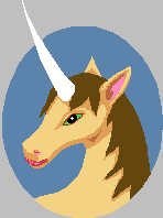 Head of a green-eyed unicorn. Gold coat, dark mane, set in a slate-blue oval.