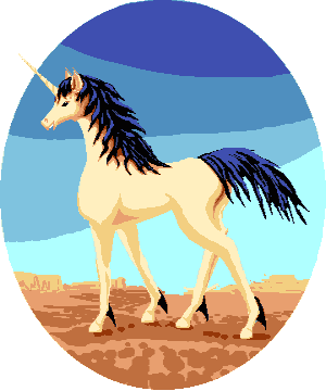 A unicorn with cream coat, black mane & tail.