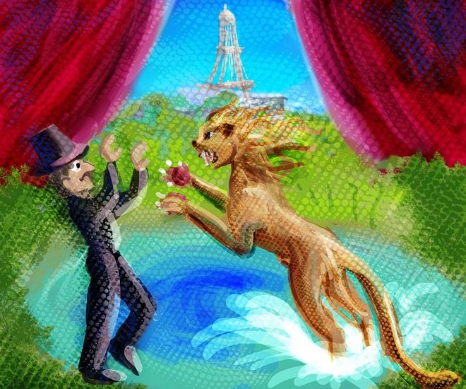 Lion leaps out of a pool to attack lion trainer. Dream by Michel Leiris 1929, sketch by Wayan 2025.