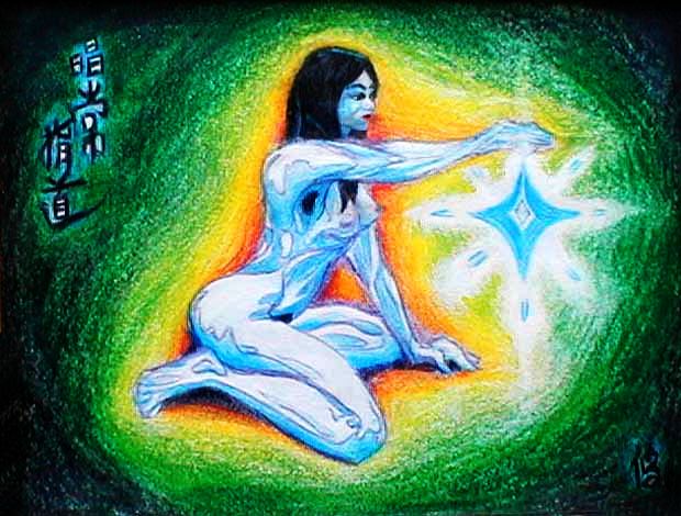 Crouching girl dangles a luminous blue crystal. Dream sketch by Wayan.