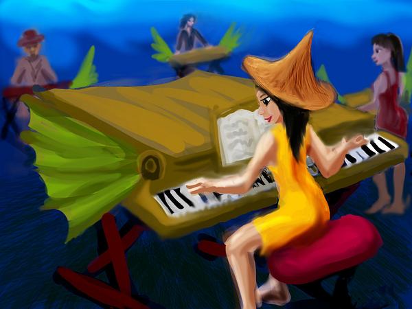 Witch plays a keyboard with green fish-fins. Dream sketch by Wayan. Click to enlarge.