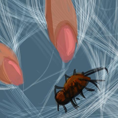 Fingers reach for a large spider. Dream sketch by Wayan.