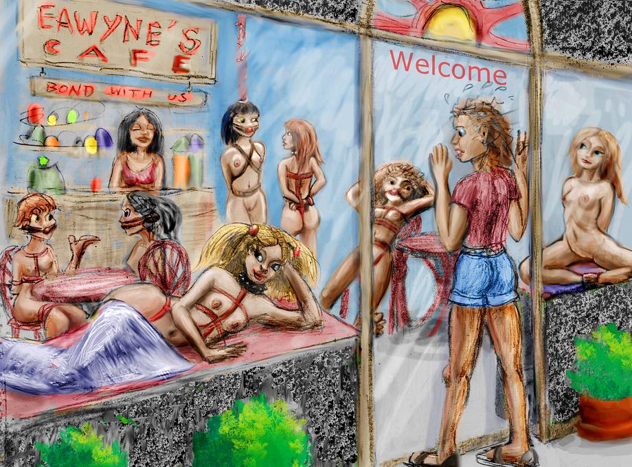 Cafe full of exhibitionists in bondage gear. Dream sketch by Wayan. Click to enlarge.