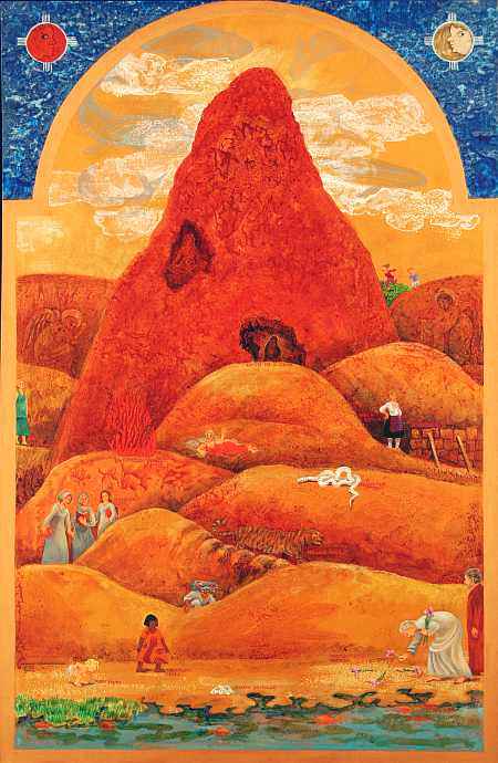 Dream painting titled 'Born in a Cave' by Jenny Badger Sultan. A desert mountain with scattered vignettes telling dreams. Click to enlarge.