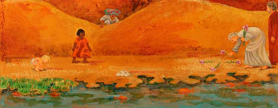 Dream painting titled 'Born in a Cave' by Jenny Badger Sultan. Detail: reeds and orange carp in a pool below a parade of dream figures