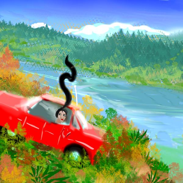 I crash my car, but thick brush keeps me out of the lake. Dream sketch by Wayan. Click to enlarge.