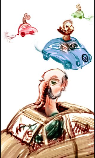 Sketch of a dream by Chris Wayan: businessmen with short trunks and long necks. They drive Volkswagen Beetles and stick their heads out the sunroofs...
