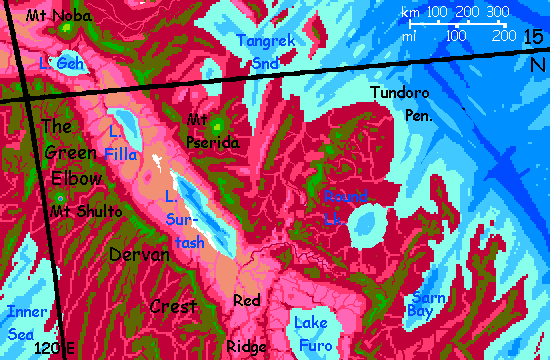 Map of Dervan Crest region of northeast Arch, on Capsica, a hot planet.