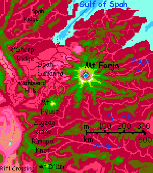 Map of Mt Forja in the eastern Arch, on Capsica, a hot planet.