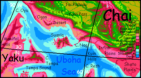 Map of southwest Chai, a continent on Capsica, a small world hotter and drier than Earth.