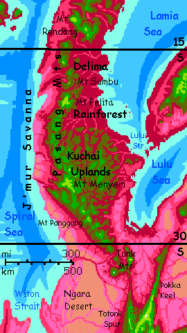 Map of the southern Lamia Peninsula, an equatorial volcanic arc off the NW Crunch, on Capsica, a small world hotter and drier than Earth.