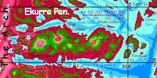 Map of the Ekurre Mts, a shield volcano chain on Capsica, a hot planet.