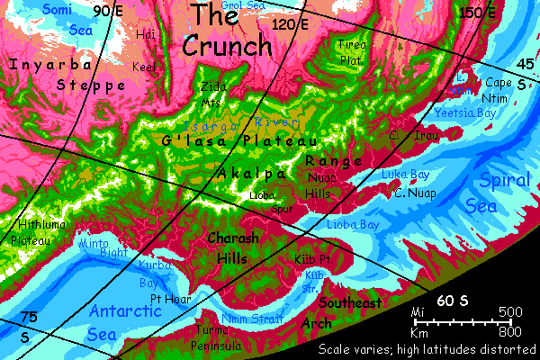 Map of subpolar G'lasa Plateau on Capsica, a model of a hot world: average temperature 50 C or 122 F.