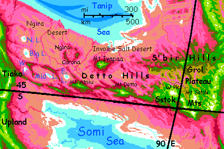 Map of Detto Hills west of Grol Plateau in the central Crunch on Capsica, a model of a hot world.