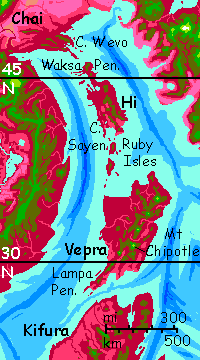 Map of Hi and Vepra, large islands on Capsica, a hot planet.