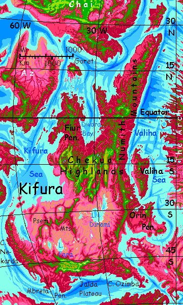 Map of continent of Kifura on Capsica, a hot planet.