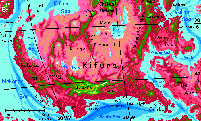 Map of southern Kifura, on Capsica, a hot planet.