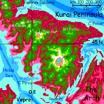 Map of the Kurai Mountains, a chain of shield volcanoes like Hawaii but in shallow water, on Capsica, a small world hotter and drier than Earth.