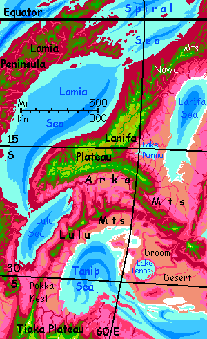 Map of Lanifa Plateau, in the NW Crunch, on Capsica, a small world hotter and drier than Earth.