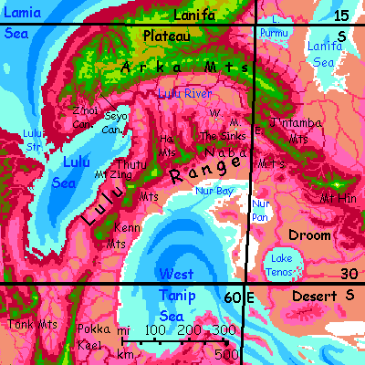 Map of Lulu Range and southern Lanifa Plateau, in the NW Crunch, on Capsica, a small world hotter and drier than Earth.