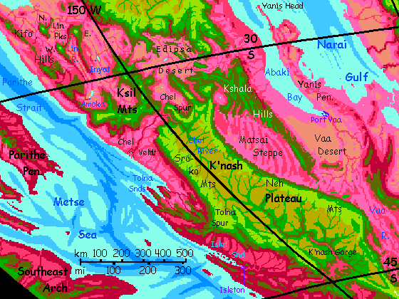 Map of southern Metse, on Capsica, a hot planet.