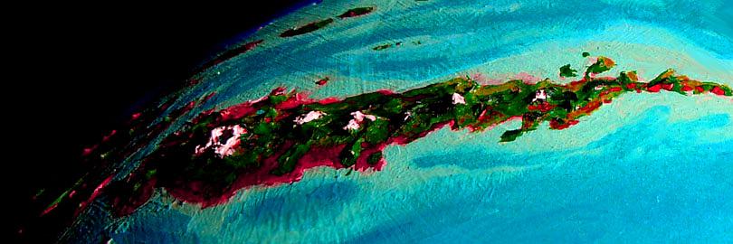 Low orbital view of Nohaa, a volcanic island chain in the iceless Arctic Ocean on Capsica, a hot world-model.