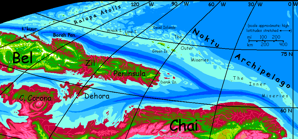 Map of Noktu Archipelago, an arctic island chain on Capsica, a small world hotter & drier than Earth.