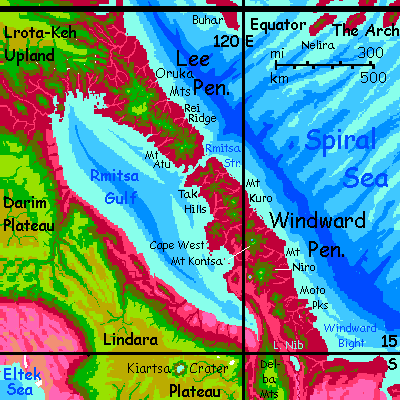 Map of Rmitsa Peninsulas, northeast Crunch, on Capsica, a small world hotter and drier than Earth.